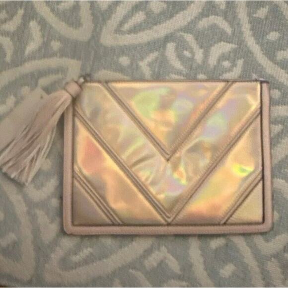 Mark Fran Faux Leather Clutch Bag Pink Iridescent Chevron Zip Tassel Bag Purse - Picture 3 of 16